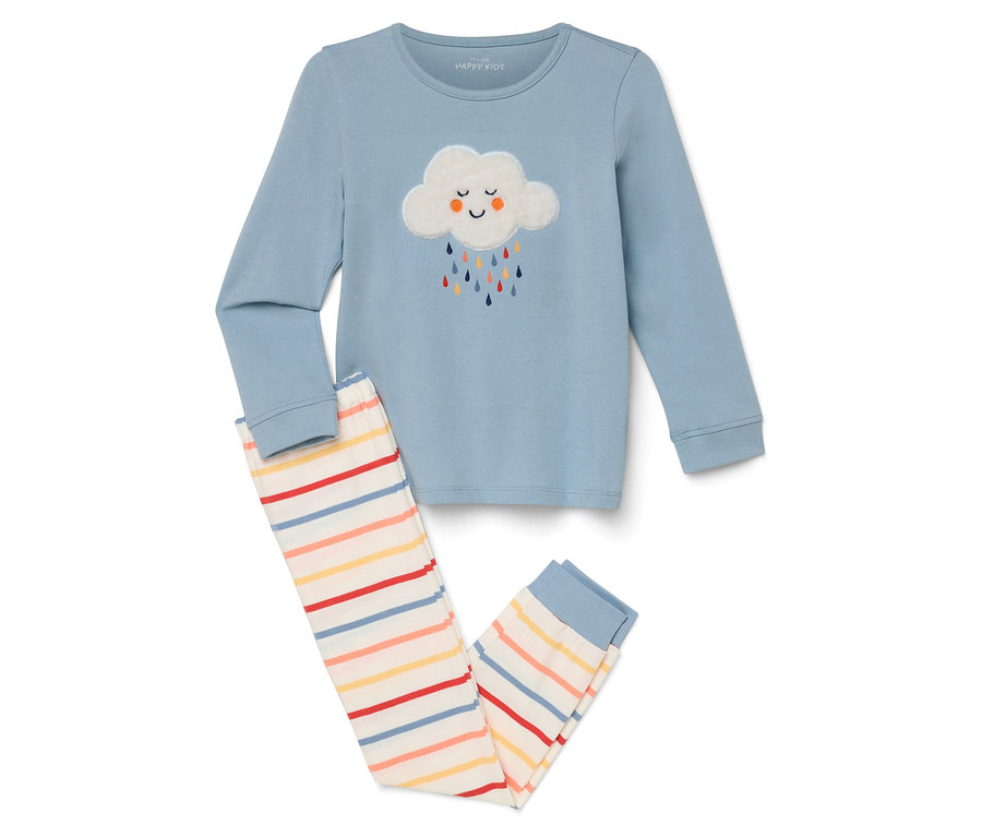 Blauer Schlafanzug mit langen Ärmeln und gestreiften Hosen.