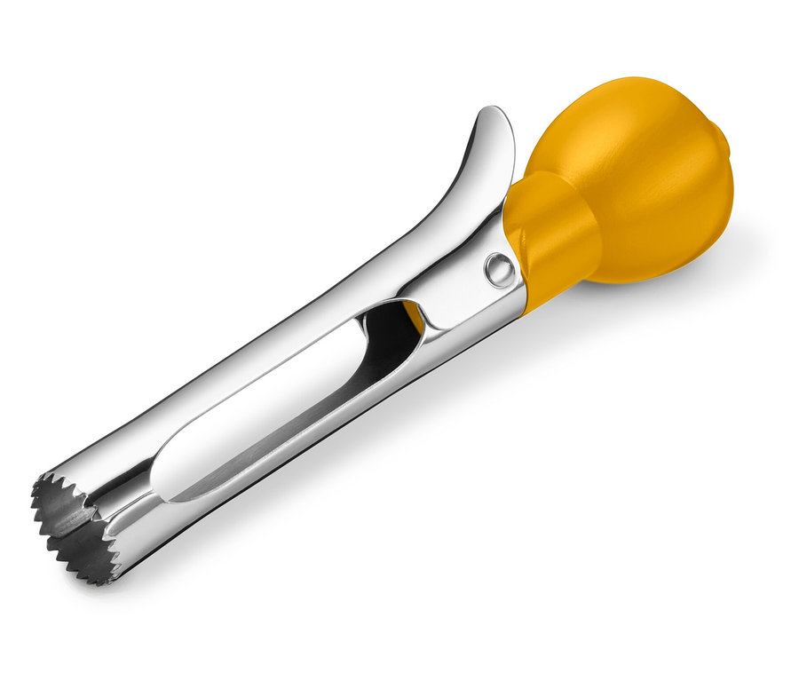 Ein Apfelentkerner mit gelbem Griff und silbernem Metallgehäuse auf einem weißen Hintergrund.