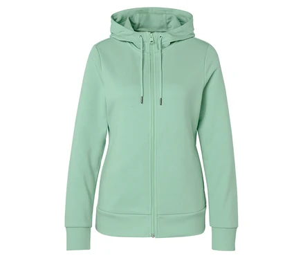 Ein mintgrüner Kapuzenpullover mit Reißverschluss.