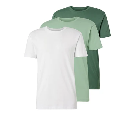 Drei T-Shirts mit Rundhalsausschnitt in Weiß, Hellgrün und Dunkelgrün.