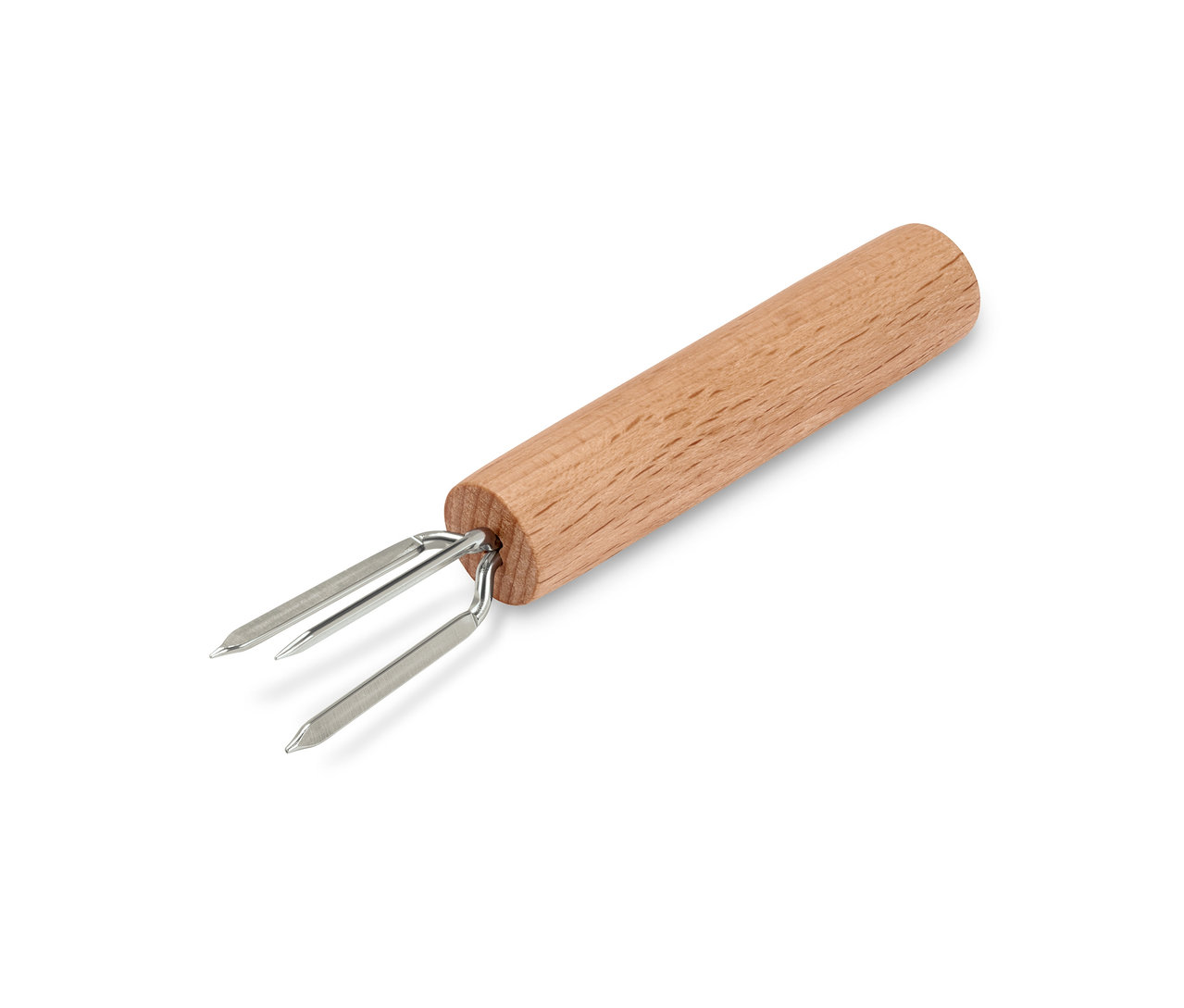 Ein Maiskolbenhalter mit Holzgriff und zwei silberfarbenen Zinken.