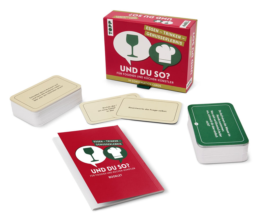 Das Bild zeigt ein Kartenset mit Fragen für Feinschmecker und Kochbegeisterte namens "UND DU SO?". Das Set enthält eine Schachtel, ein Booklet und Kartenstapel.