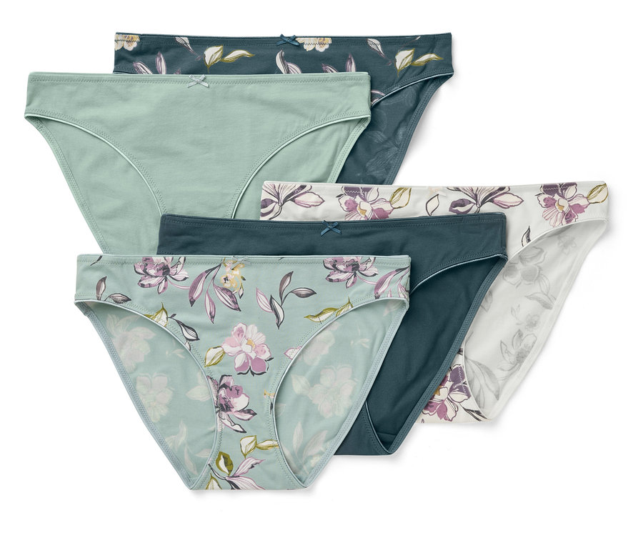 Sechs Damen Slips in verschiedenen Farben und Mustern liegen übereinander.