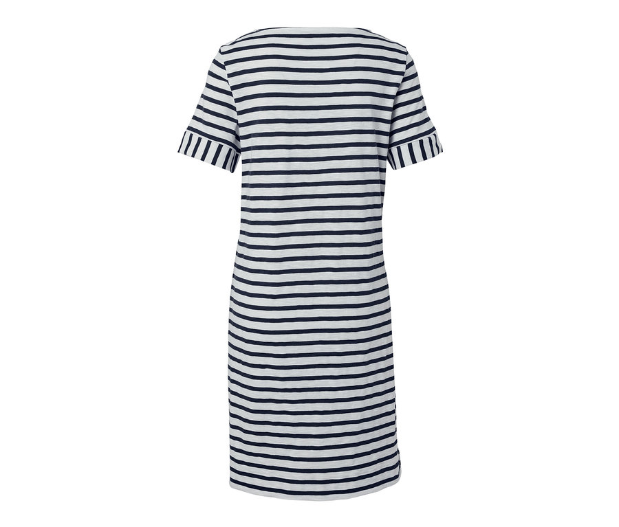 Rückansicht eines gestreiften Jerseykleids in Blau und Weiß.