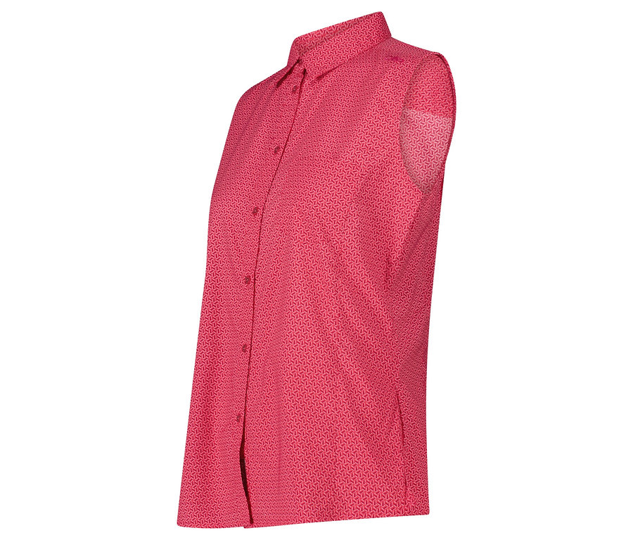 Ärmellose, pinke Bluse mit geometrischem Muster.