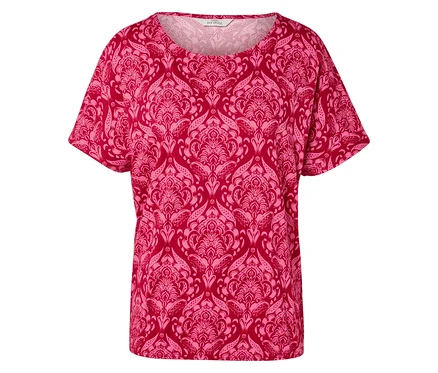 Ein rotes T-Shirt mit hellrosa Muster.