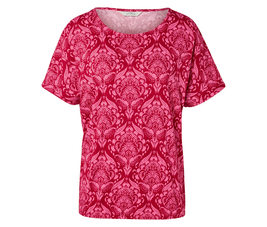 Ein rotes T-Shirt mit hellrosa Muster.