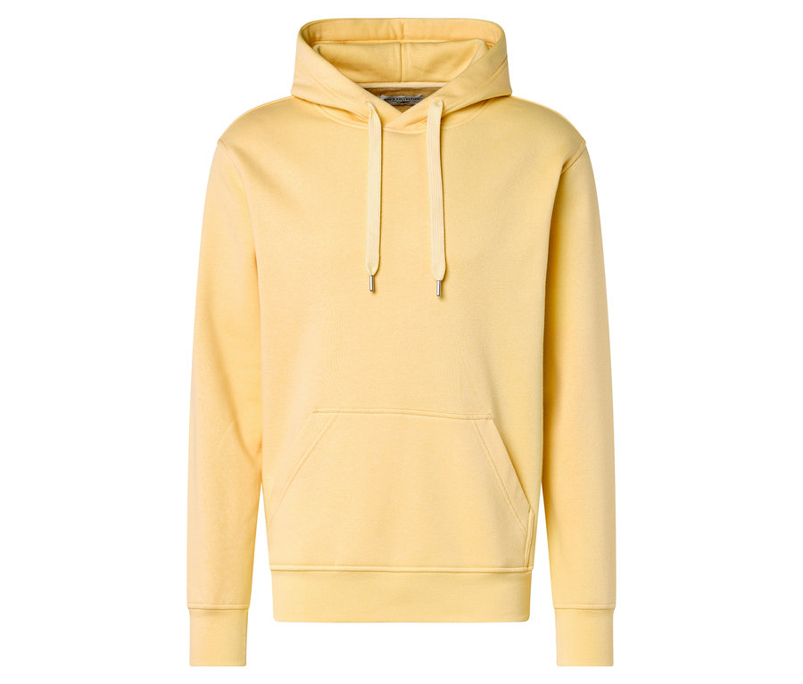 Gelber Hoodie mit Kapuze und Kängurutasche.