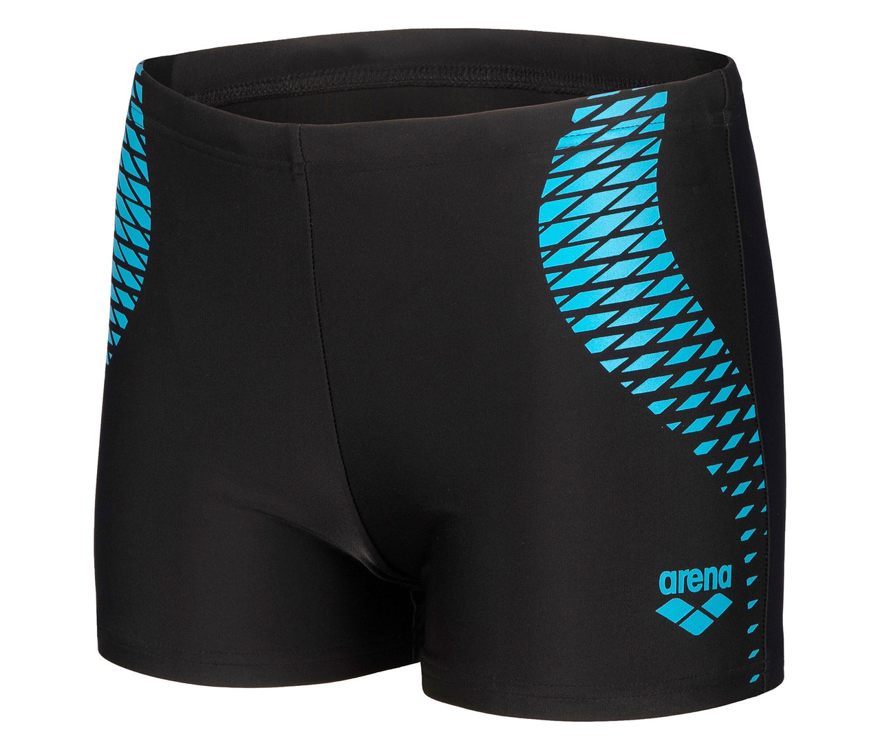 Schwarze Badehose mit blauem Muster und Arena-Logo.