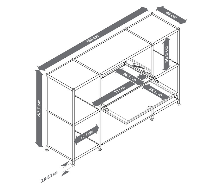 Draufsicht eines modularen Regalsystems mit Schubladen und Abmessungen.