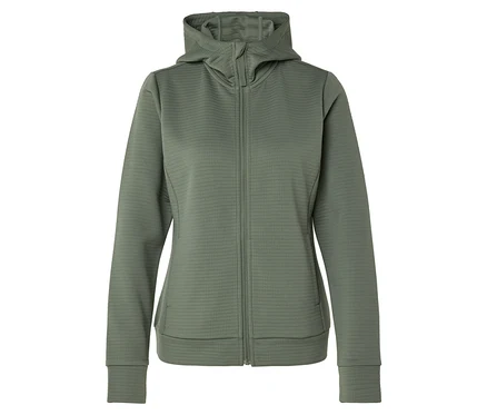 Eine olivgrüne Kapuzenjacke mit Reißverschluss.