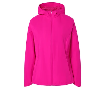 Eine pinke, gefütterte Jacke mit Kapuze ist mit einem Reißverschluss geschlossen.