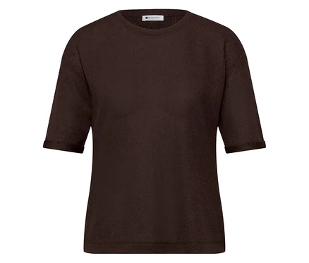 Dunkelbraunes Street One T-Shirt mit Strukturmuster, Rundhalsausschnitt und umgeschlagenen Ärmeln.