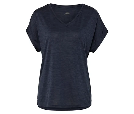 Dunkelblaues Active T-Shirt mit V-Ausschnitt, kurzärmlig, auf weißem Hintergrund.