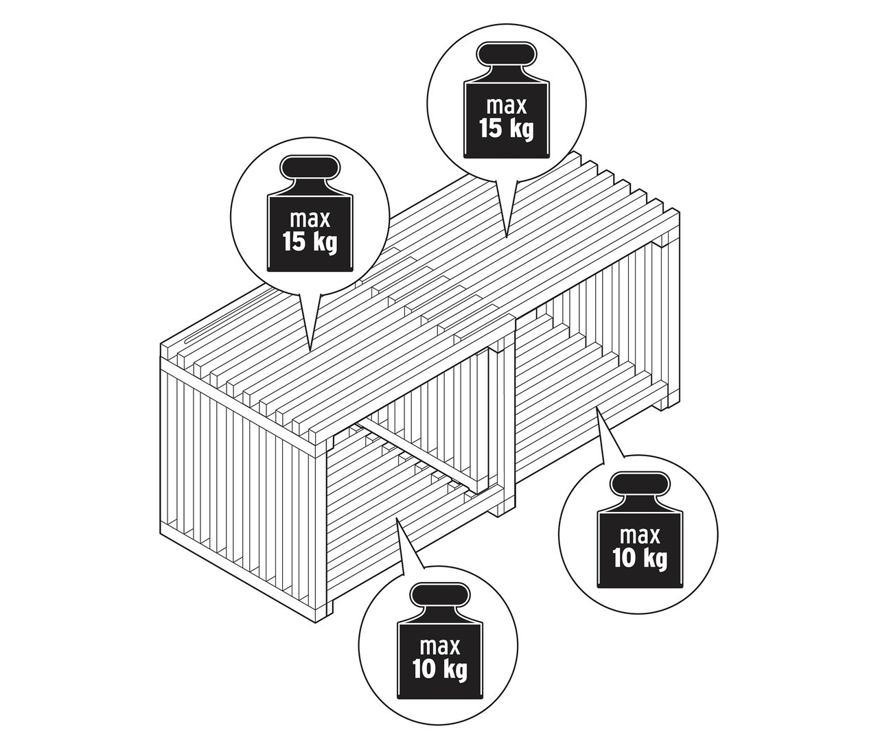 Draufsicht auf einen ausziehbaren Couchtisch mit Gewichtsangaben.