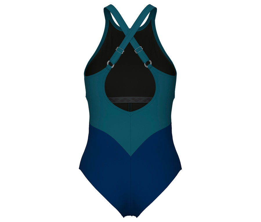 Rückansicht eines marineblau-türkisfarbenen Badeanzugs mit überkreuzten Trägern.