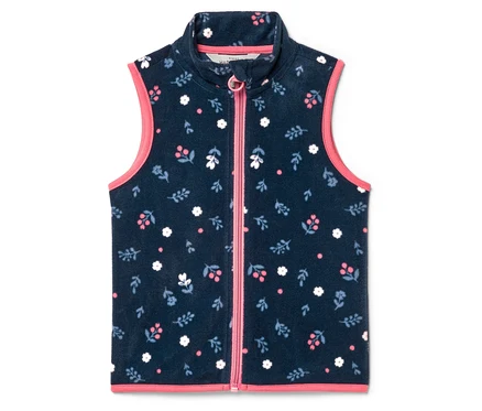 Marineblaue Fleeceweste mit durchgehendem Reißverschluss und rosa Paspelierung, bedeckt mit einem Blumenmuster.