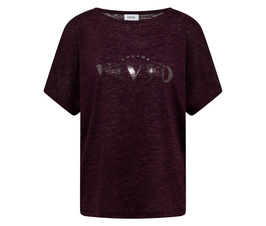 Dunkelrotes T-Shirt mit Rundhalsausschnitt und dem silbernen Aufdruck "DREAMS VIVID".