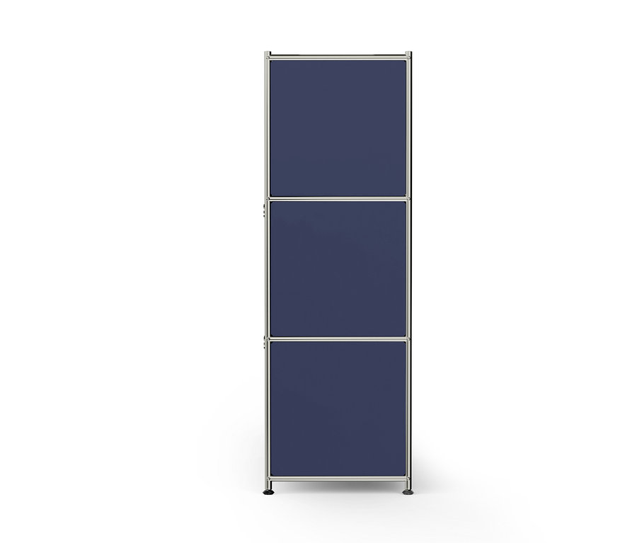 Hoher, schmaler, modularer Schrank mit drei dunkelblauen Fächern und silbernem Rahmen.