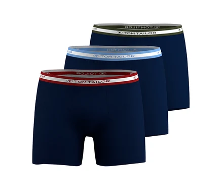 Drei dunkelblaue Boxershorts mit unterschiedlich farbigen Bundbändern (grün, hellblau, rot) und Tom Tailor-Logo, übereinander gestapelt.