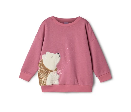 Rosa Sweatshirt mit einem weißen Eisbären in goldener Paillettenjacke, der zu rosa und weißen Sternen aufblickt.