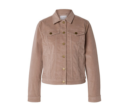 Helle braune Cordjacke mit Kragen, langen Ärmeln, goldfarbener Knopfleiste, zwei Brusttaschen mit geknöpften Klappen und zwei Seitentaschen.