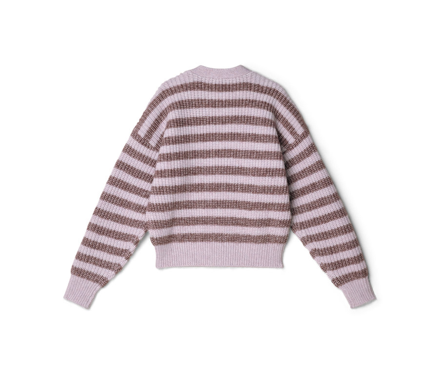 Rückenansicht eines hellvioletten Strickpullovers mit braunen Querstreifen.