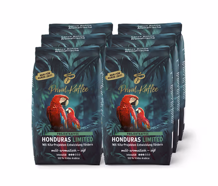 Sechs dunkelgrüne Privat Kaffee Limited Edition Honduras Kaffeepackungen mit tropischen Blättern und roten Aras, ganze Bohne.