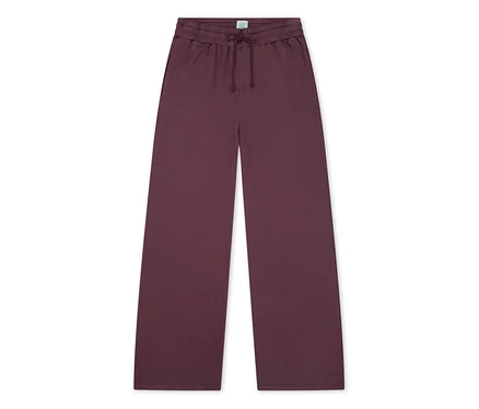 Bordeauxrote weite Hose mit elastischem Bund und Kordelzug.