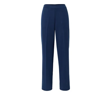 Dunkelblaue Hose mit geradem Bein und flachem Bund, auf weißem Hintergrund.