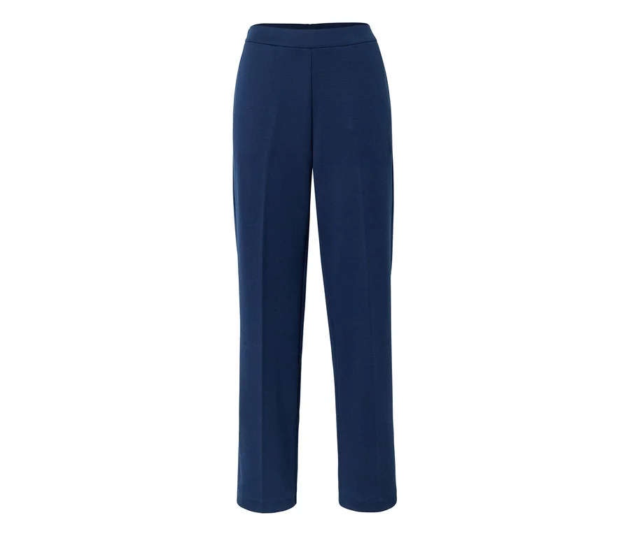 Dunkelblaue Hose mit geradem Bein und flachem Bund, auf weißem Hintergrund.