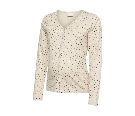 Helle, cremefarbene Strickjacke mit V-Ausschnitt, langen Ärmeln und durchgehender Knopfleiste, verziert mit einem Muster aus kleinen schwarzen Dreiecken.