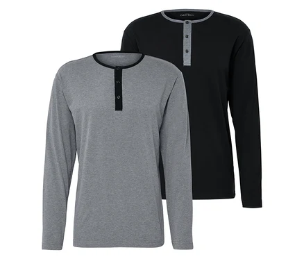 Zwei langärmlige T-Shirts mit Knöpfen, eines grau und eines schwarz.