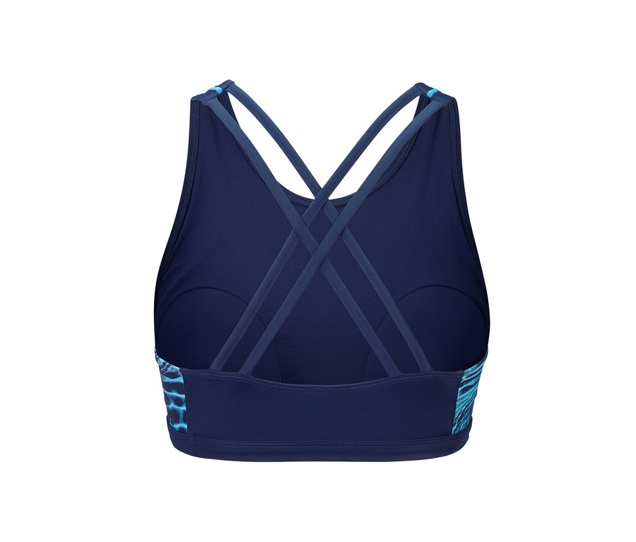Detailansicht eines Sport-Bikinitops mit gekreuzten Trägern am Rücken.