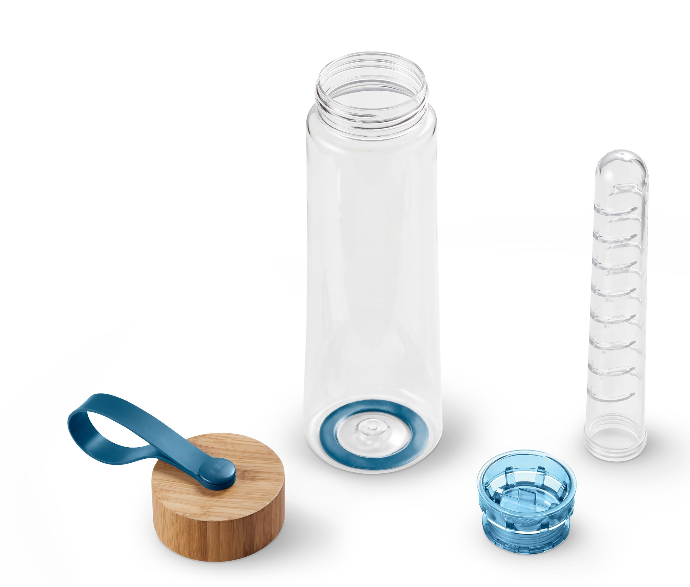 Eine zerlegte Trinkflasche mit Aroma-Einsatz auf weißem Hintergrund.