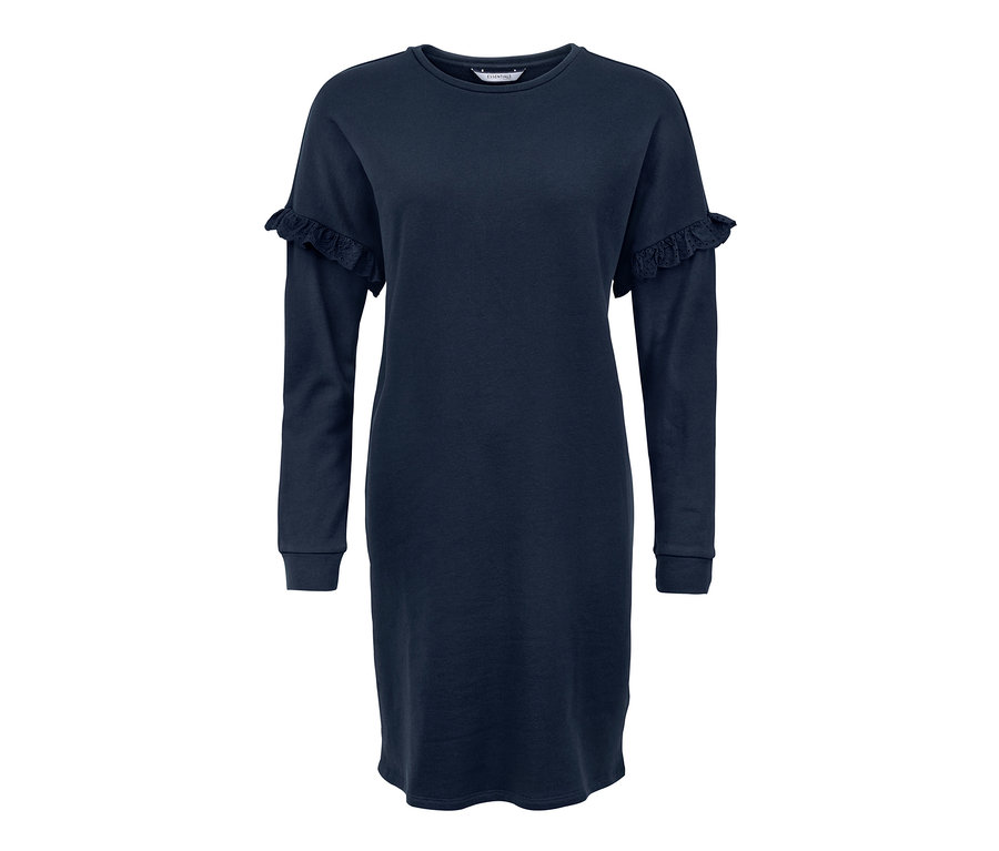Dunkelblaues Sweatkleid mit langen Ärmeln und Rüschen.