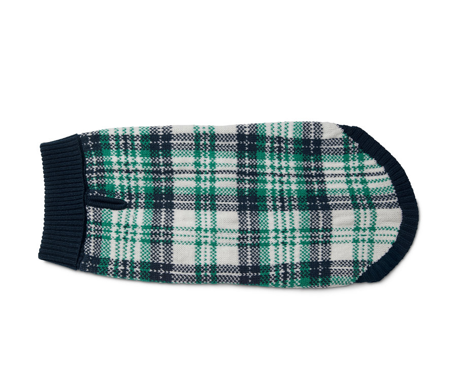 Hunde-Pullover mit grünem, dunkelblauem und weißem Karomuster.
