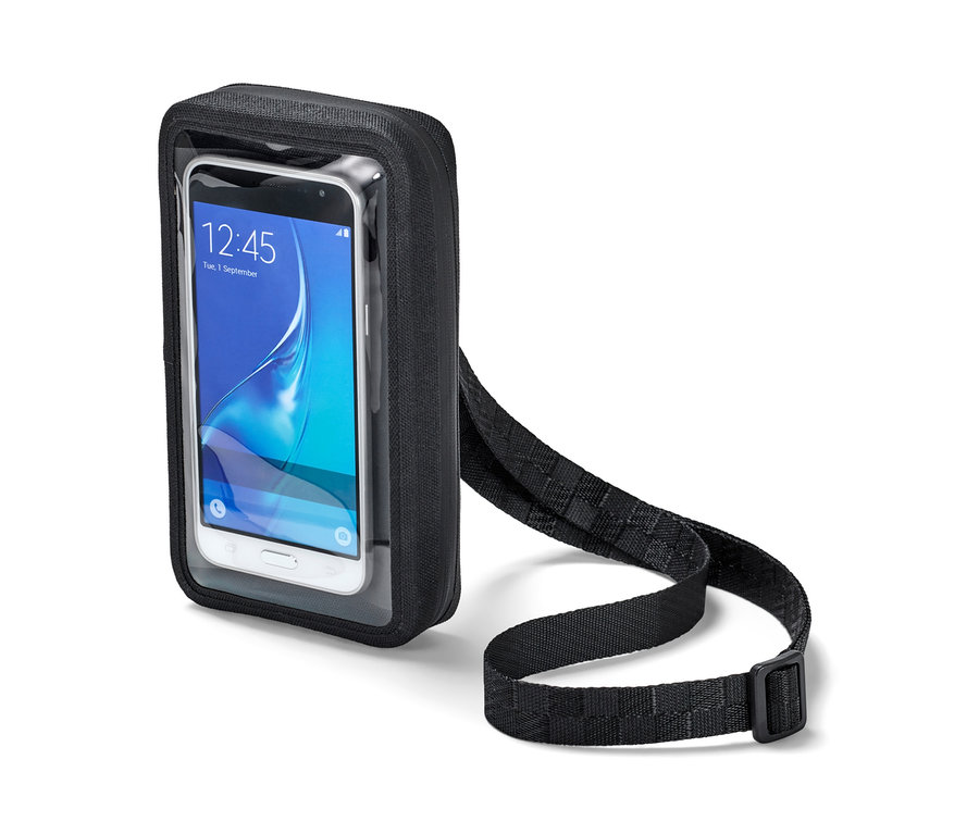 Schwarze 2-in-1-Smartphonetasche mit durchsichtiger Vorderseite und Schultergurt.