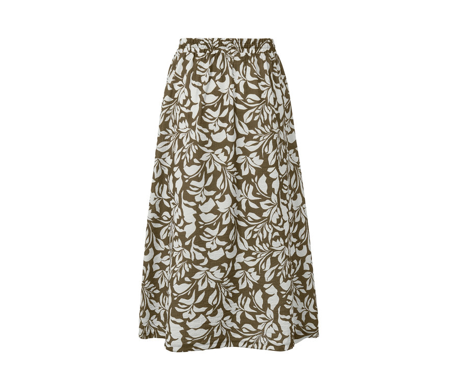 Ein bedruckter Midi-Rock mit weißem Blattmuster auf braunem Grund.