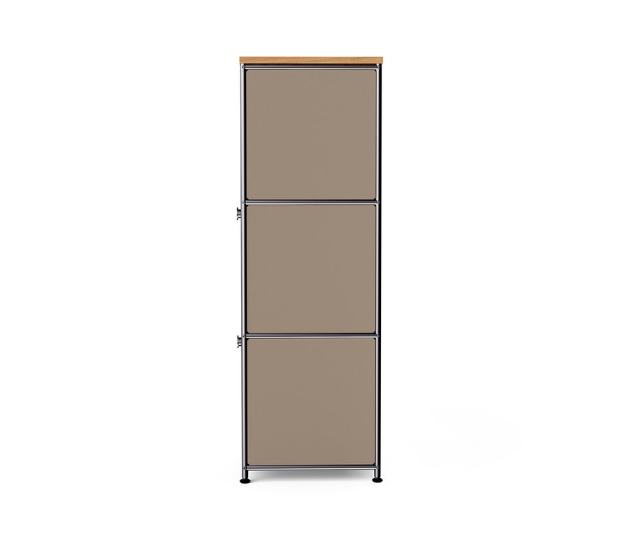 Schmale, taupefarbene Metallkommode »CN3« mit Holzplatte und 2 Klappfächern.