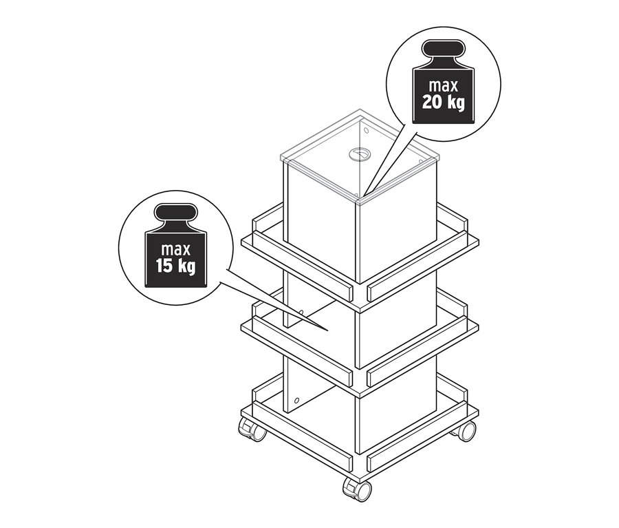 Eine Zeichnung eines Regalturms mit Stauraum, wobei die maximale Tragfähigkeit von 20 kg für das obere Fach und 15 kg für die restlichen Fächer angegeben ist.