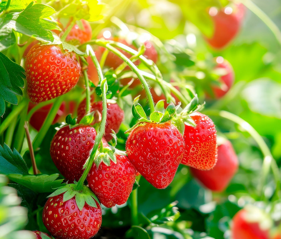 Rote Erdbeeren wachsen an einer Pflanze.
