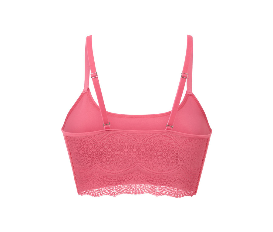 Detailansicht von hinten eines pinkfarbenen Seamless-Bustiers mit Spitze.