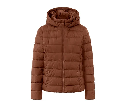 Cognacfarbene Steppjacke mit Kapuze.