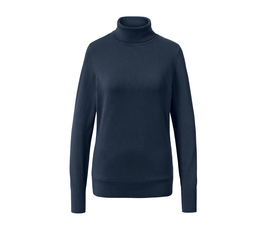 Dunkelblauer Feinstrick-Rollkragenpullover.
