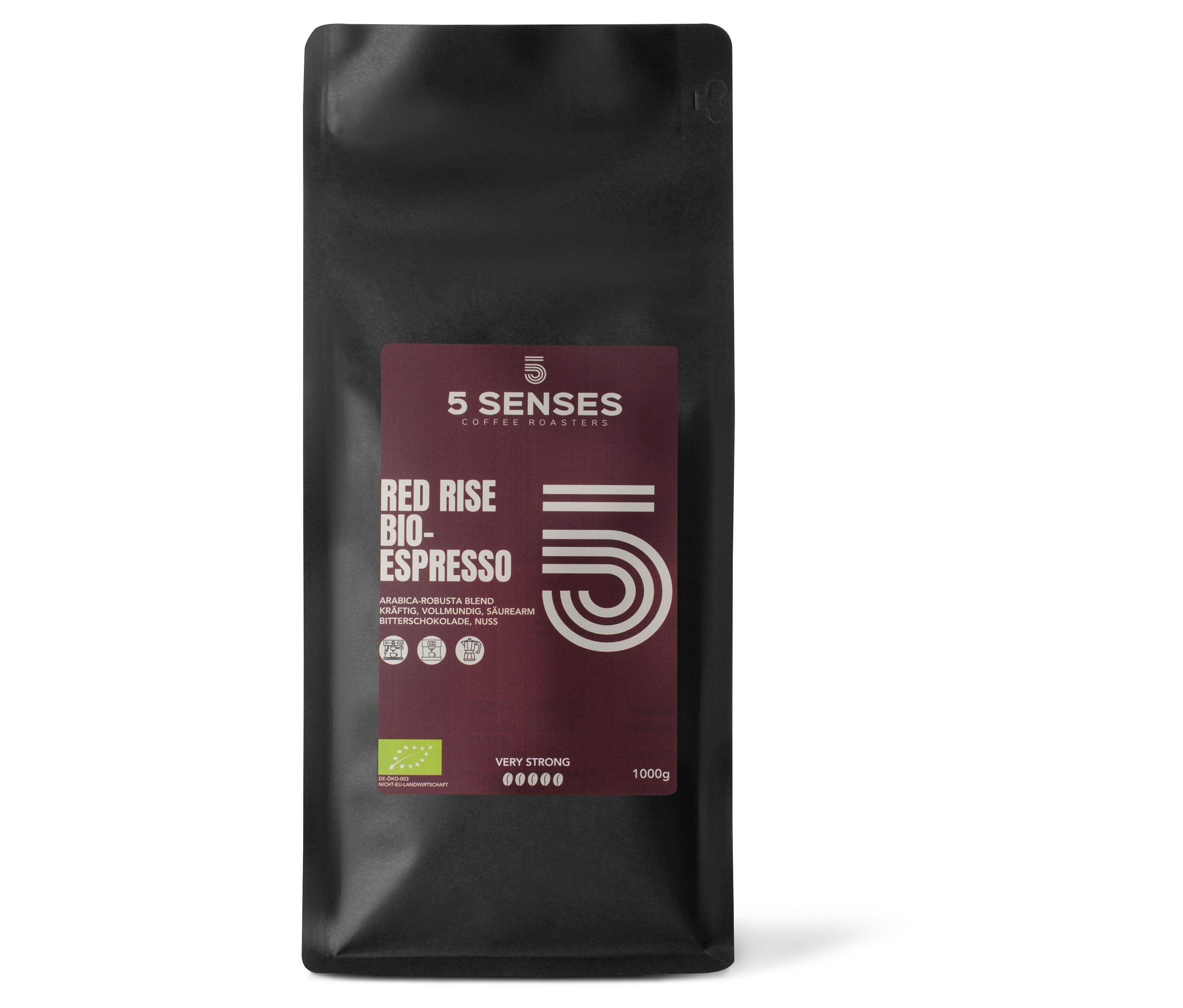 Eine Packung 5 Senses - Red Rise Bio-Espresso - 1 kg. Auf der Packung befinden sich das 5 Senses Logo und der Text Red Rise Bio-Espresso.