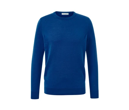 Blauer Merino-Pullover.