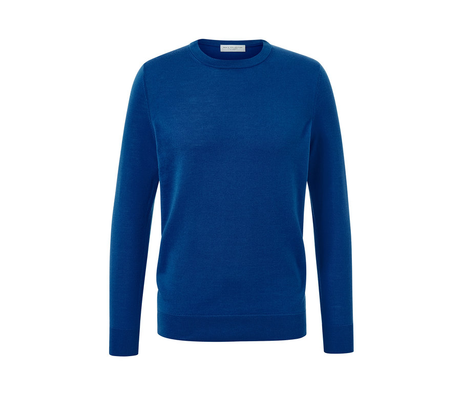 Blauer Merino-Pullover.