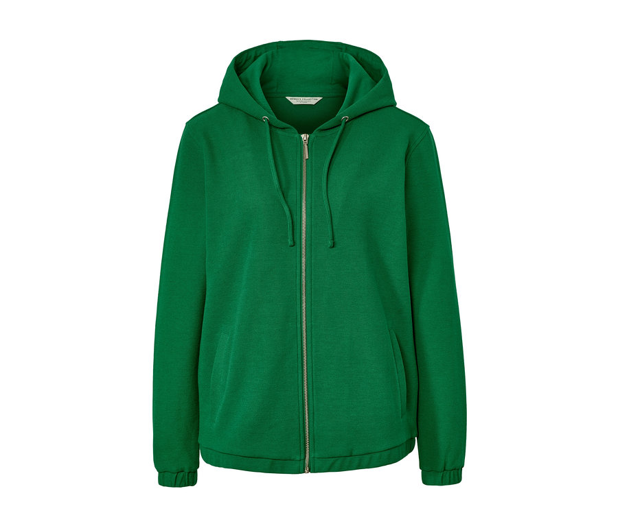 Grüne Sweatjacke mit Reißverschluss und Kapuze.