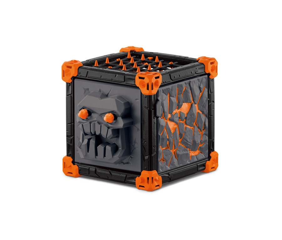 Ein Schleich Eldrador BattleCave Lavahyäne Würfel mit Lavarissen und einem Monstergesicht.